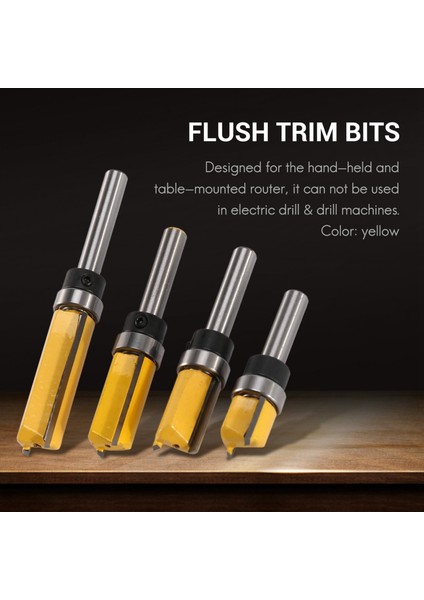 4pcs Floş Trim Yönlendirici Bitleri Üst Yatak Yönlendirici Biti 1/4 Inç Sap Düz Desen Şablonu Yönlendirici Bit Ahşap Değirmen Kesici Alet (Yurt Dışından) modelleri