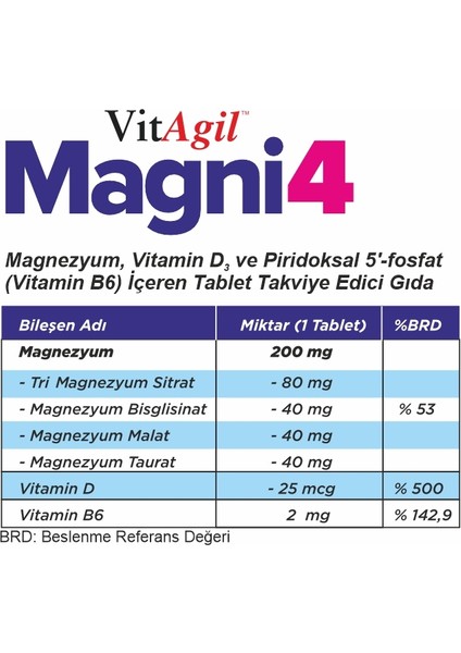 Vitagil Magni4 - Magnezyum Vitamin D3 P5P 60 Tablet fiyatları