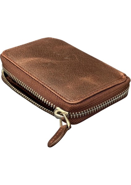 Crazy Kahverengi Hakiki Deri Fermuarlı Mini Boy Unisex Spor Cüzdan - 3035-KAHVE