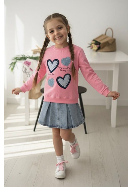 Kalp Detaylı Kot Etekli Kız Çocuk 2 li takım - Açık Pembe
