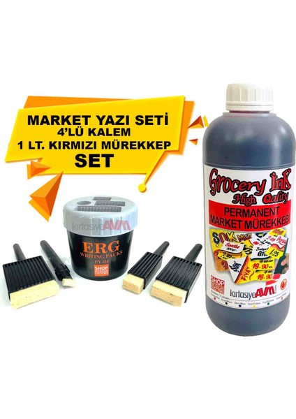 Market Kalemi 4'lü Set + Market Yazı Mürekkebi Kırmızı Renk
