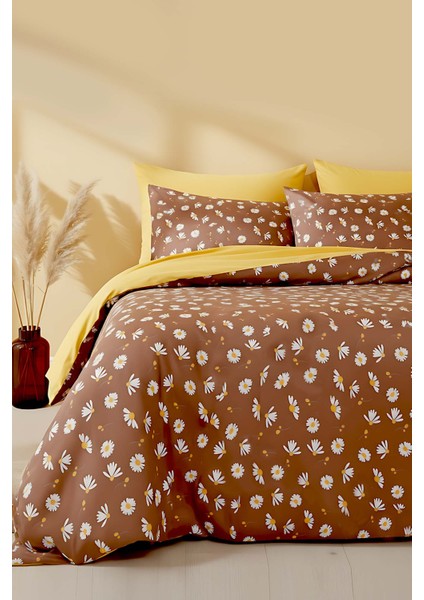 Kahve Papatyalı Çift Kişilik Nevresim Takımı Pamuklu