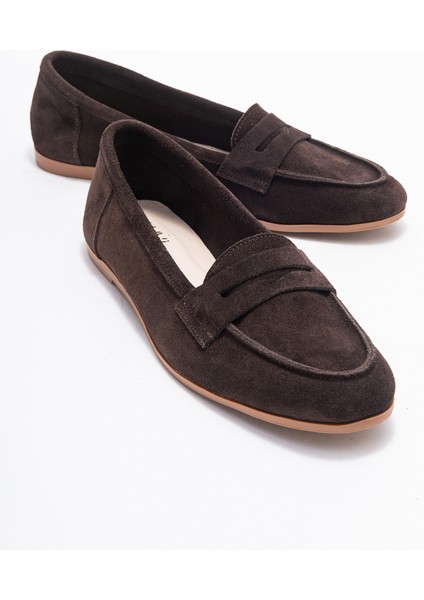 F02 Kahve Süet Hakiki Deri Kadın Loafer Ayakkabı