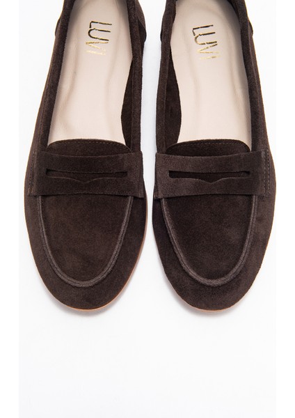 F02 Kahve Süet Hakiki Deri Kadın Loafer Ayakkabı
