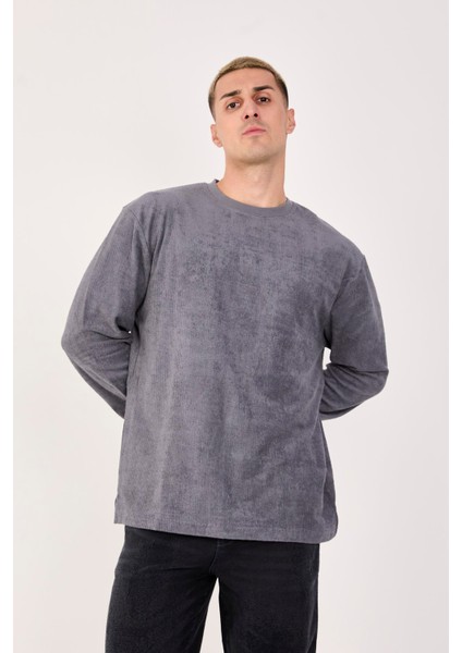 %100 Pamuk Erkek Bisiklet Yaka Oversize Fitilli Kumaş Uzun Kol Sweatshirt fırsatları