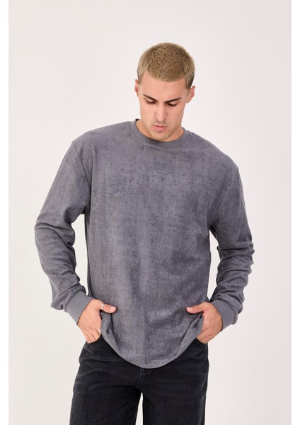 %100 Pamuk Erkek Bisiklet Yaka Oversize Fitilli Kumaş Uzun Kol Sweatshirt indirimleri