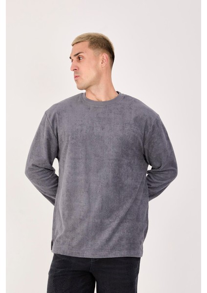 %100 Pamuk Erkek Bisiklet Yaka Oversize Fitilli Kumaş Uzun Kol Sweatshirt