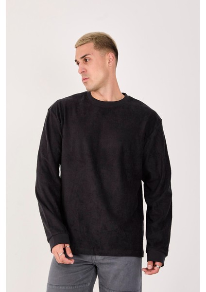 %100 Pamuk Erkek Bisiklet Yaka Oversize Fitilli Kumaş Uzun Kol Sweatshirt