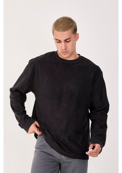 %100 Pamuk Erkek Bisiklet Yaka Oversize Fitilli Kumaş Uzun Kol Sweatshirt fırsatları