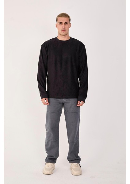 %100 Pamuk Erkek Bisiklet Yaka Oversize Fitilli Kumaş Uzun Kol Sweatshirt