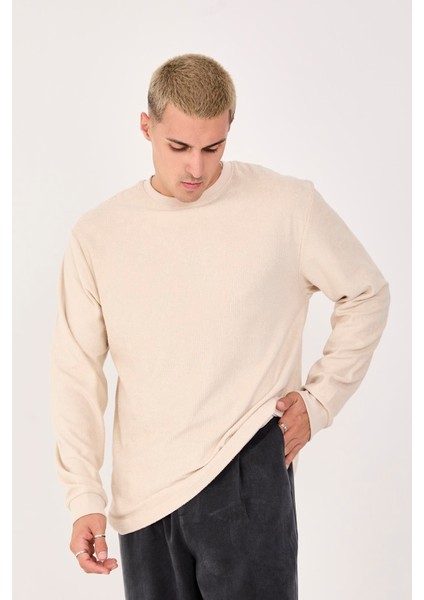 %100 Pamuk Erkek Bisiklet Yaka Oversize Fitilli Kumaş Uzun Kol Sweatshirt