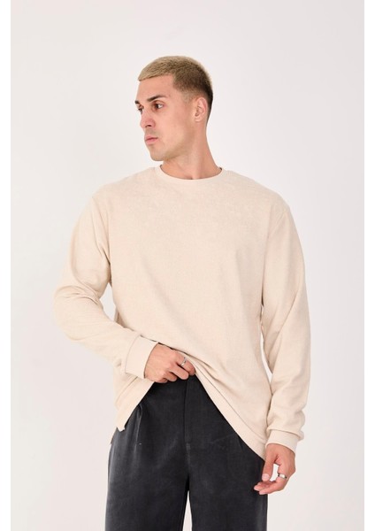 %100 Pamuk Erkek Bisiklet Yaka Oversize Fitilli Kumaş Uzun Kol Sweatshirt modelleri