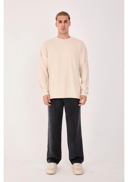 %100 Pamuk Erkek Bisiklet Yaka Oversize Fitilli Kumaş Uzun Kol Sweatshirt fırsatları