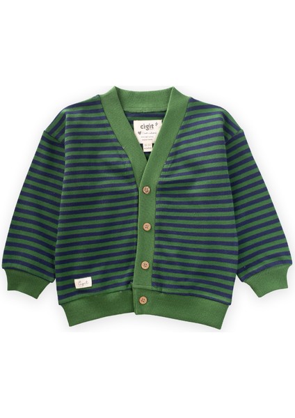 Çizgili Triko Hırka 0-4 Yaş Haki Lacivert