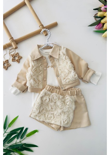Dokulu Gül Detaylı Kız Çocuk 3 lü takım - Krem