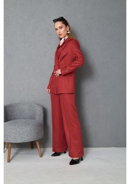 4 Düğmeli Kruvaze Yünefekt Takım Kırmızı