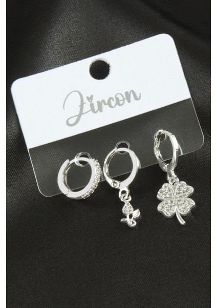 Wizard 3 Adet Yonca Zirkon Taşlı Küpe-Gümüş Rengi fiyatları