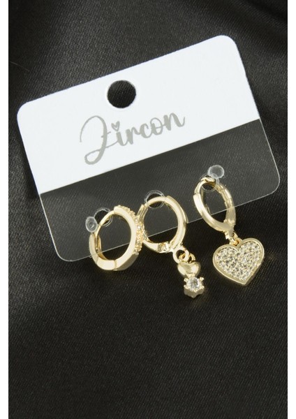 Wizard 3 Adet Kalp Zirkon Taşlı Küpe-Gümüş Rengi