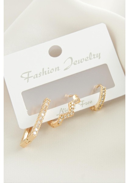 Wizard 3 Adet Zikzak Zirkon Taşlı Küpe-Sarı