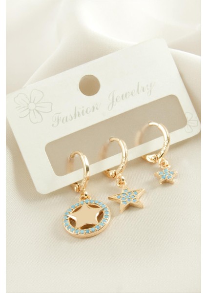 Wizard 3 Adet Yıldız Zirkon Taşlı Küpe-Sarı