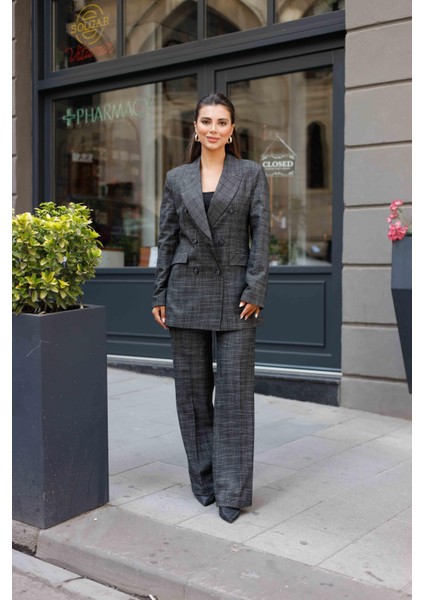 6 Düğmeli Kruvaze Ekose Takım Siyah