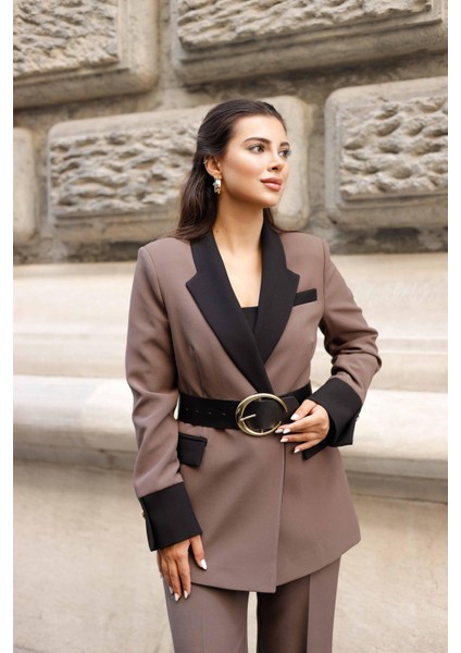 Gold Kemerli Garnili Kruvaze Takım Kahve