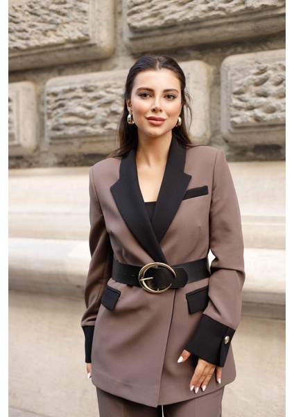 Gold Kemerli Garnili Kruvaze Takım Kahve modelleri