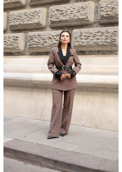 Gold Kemerli Garnili Kruvaze Takım Kahve