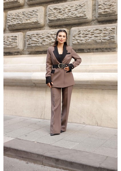 Gold Kemerli Garnili Kruvaze Takım Kahve