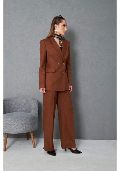 4 Düğmeli Kruvaze Yünefekt Takım Kahve