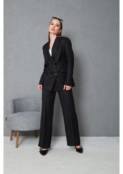 4 Düğmeli Kruvaze Yünefekt Takım Siyah