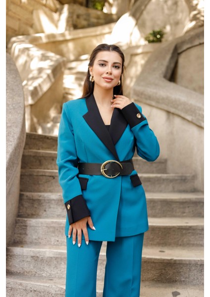 Gold Kemerli Garnili Kruvaze Takım Petrol