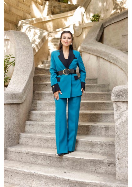 Gold Kemerli Garnili Kruvaze Takım Petrol