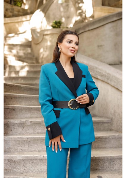 Gold Kemerli Garnili Kruvaze Takım Petrol