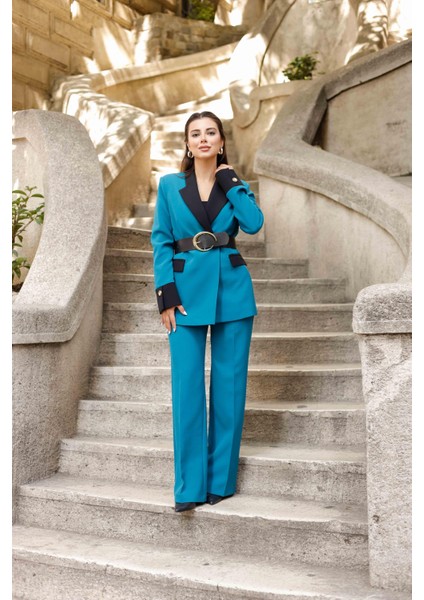 Gold Kemerli Garnili Kruvaze Takım Petrol