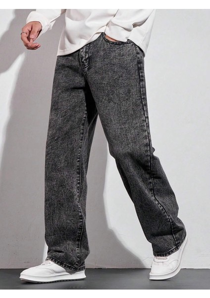 Erkek Baggy Fit Asit Yıkama Jean Kot Pantolon