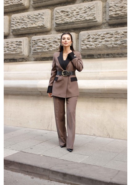 Gold Kemerli Garnili Kruvaze Takım Kahve