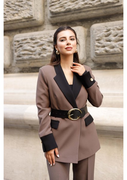 Gold Kemerli Garnili Kruvaze Takım Kahve