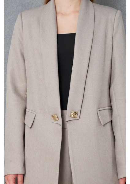 Kare Düğmeli Yünefekt Takım Bej