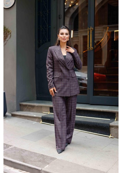 6 Düğmeli Kruvaze Ekose Takım Bordo fiyatları