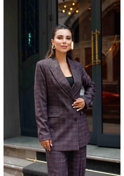 6 Düğmeli Kruvaze Ekose Takım Bordo modelleri