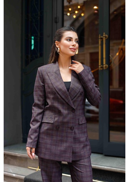 6 Düğmeli Kruvaze Ekose Takım Bordo indirimleri