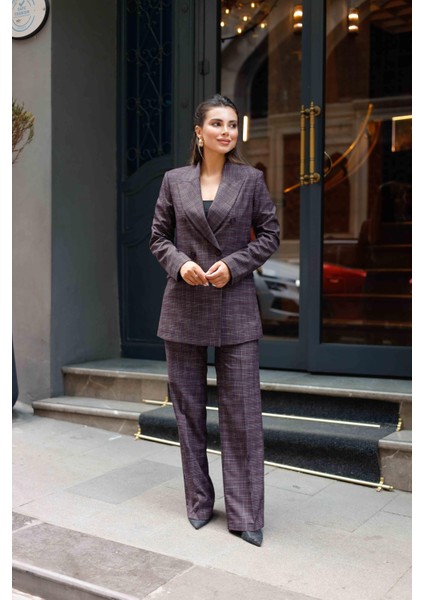 6 Düğmeli Kruvaze Ekose Takım Bordo