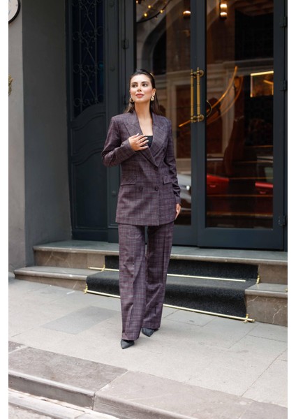 6 Düğmeli Kruvaze Ekose Takım Bordo