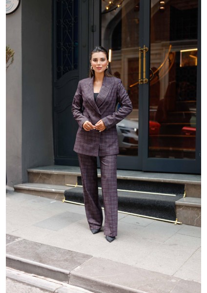 6 Düğmeli Kruvaze Ekose Takım Bordo