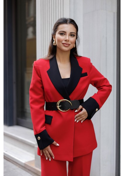 Gold Kemerli Garnili Kruvaze Takım Kırmızı