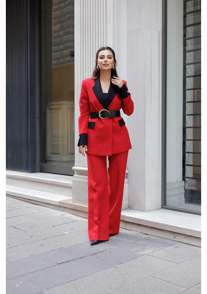 Gold Kemerli Garnili Kruvaze Takım Kırmızı indirimleri