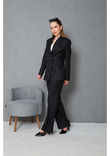 4 Düğmeli Kruvaze Yünefekt Takım Siyah