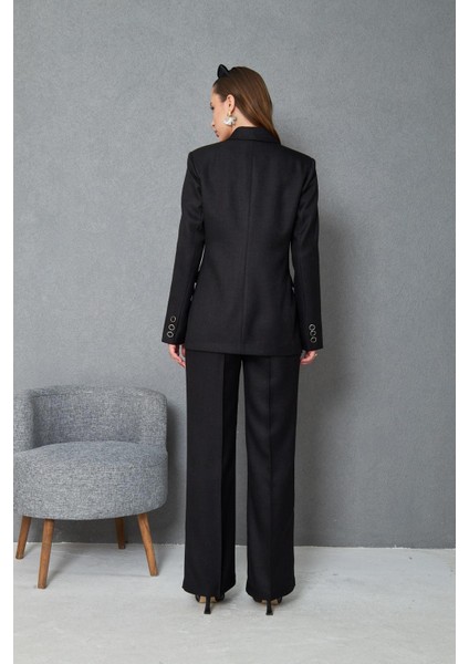 4 Düğmeli Kruvaze Yünefekt Takım Siyah