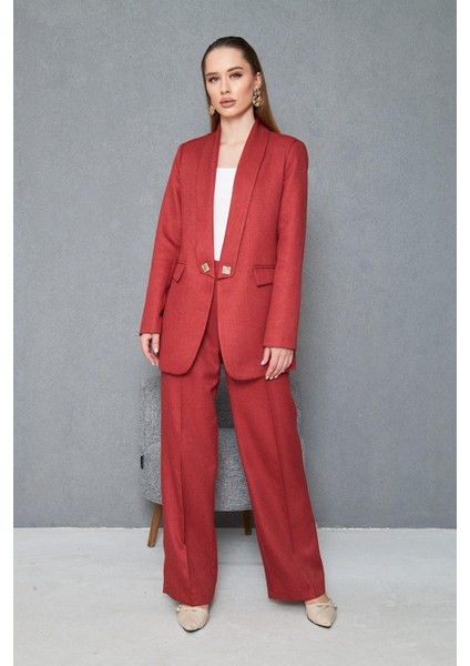 Kare Düğmeli Yünefekt Takım Kırmızı